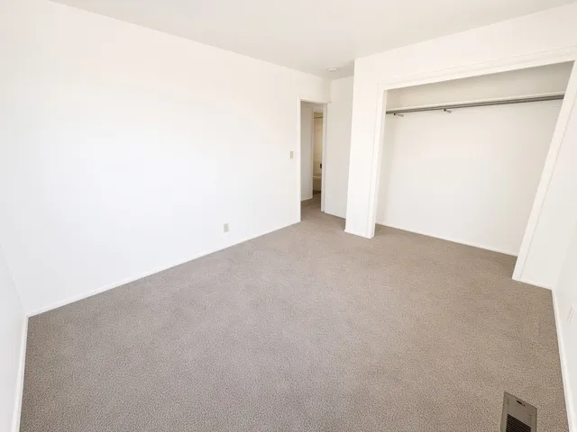 Neutral tone carpet, white wall finishes, and an integrated closet storage system