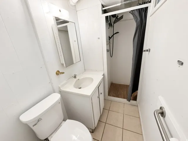 Compact bathroom featuring a shower stall with a wood-finish floor and black fixtures, a white vanity with an integrated sink, and a wall-mounted mirror with overhead lighting