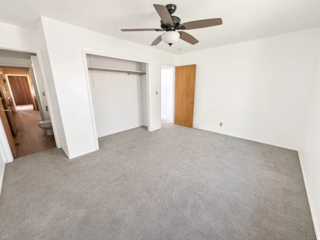 Plush gray carpet, white painted walls, ceiling fan with integrated lighting, and a built-in closet with hanging rod