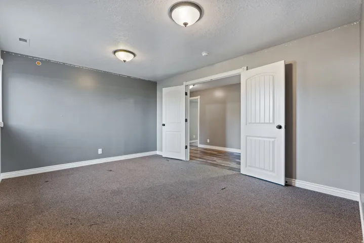 Recessed ceiling light fixtures, carpeted flooring, and white trim