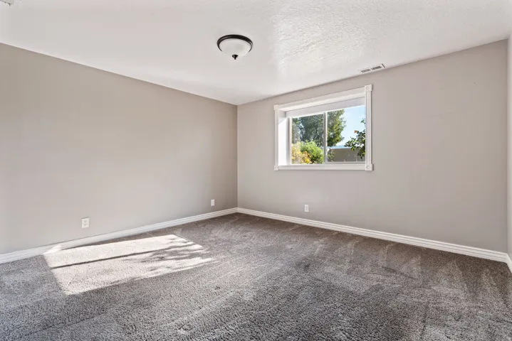 Neutral tone walls, grey textured carpeting, and a white trim window
