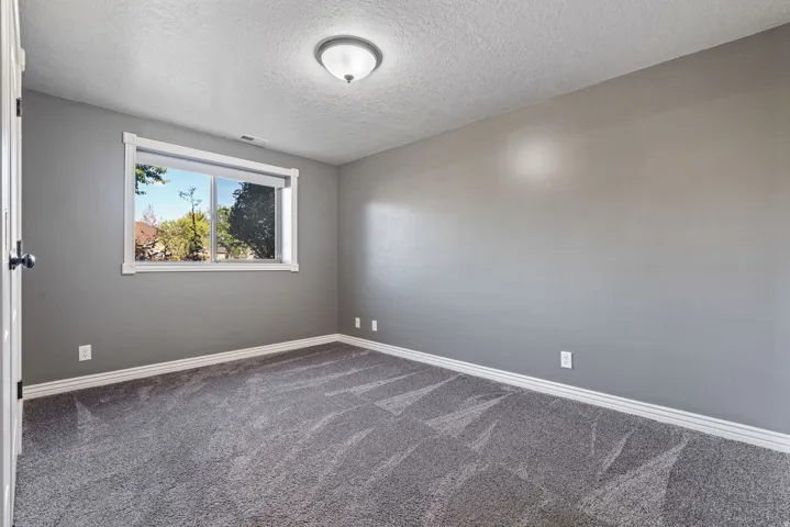 Neutral gray walls, window with white trim, gray patterned carpet, and flush-mount ceiling light
