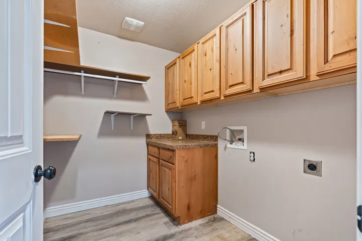 Hardwood-look flooring, light wood cabinetry, built-in shelving, and a built-in counter