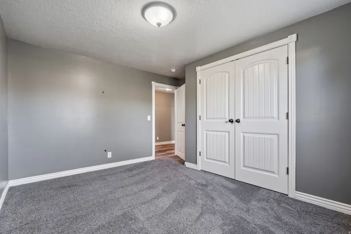 Gray carpeted flooring, white trim, white paneled double doors with black hardware, recessed ceiling light fixture, and gray wall paint