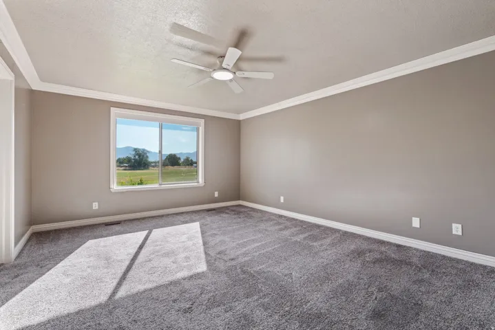 Wall-to-wall carpeting, crown molding, and a ceiling fan with integrated lighting