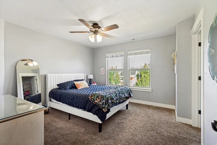 Neutral tone wall paint, dual windows, ceiling fan with light fixture, white trim, and carpeting