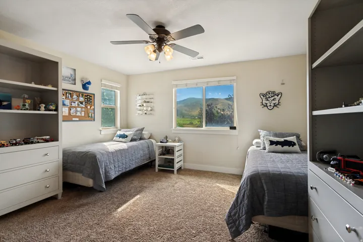 Built-in shelving units, ceiling fan with integrated lighting, carpeted flooring, and multiple windows with outdoor scenery