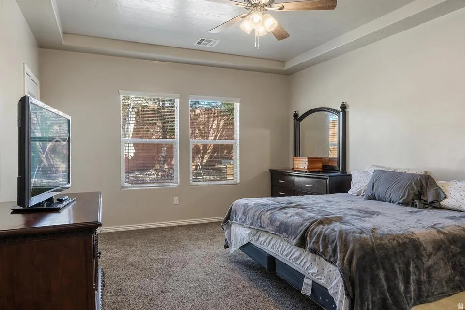 Tray ceiling with a ceiling fan, carpeted flooring, and two windows