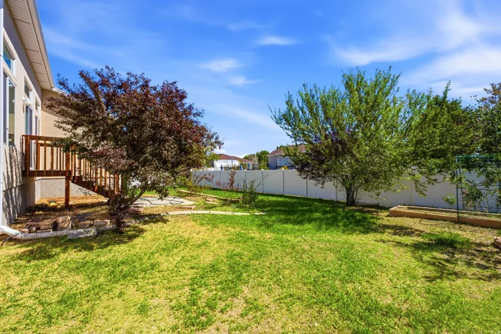 Expansive backyard featuring a manicured lawn, established trees, and a privacy fence