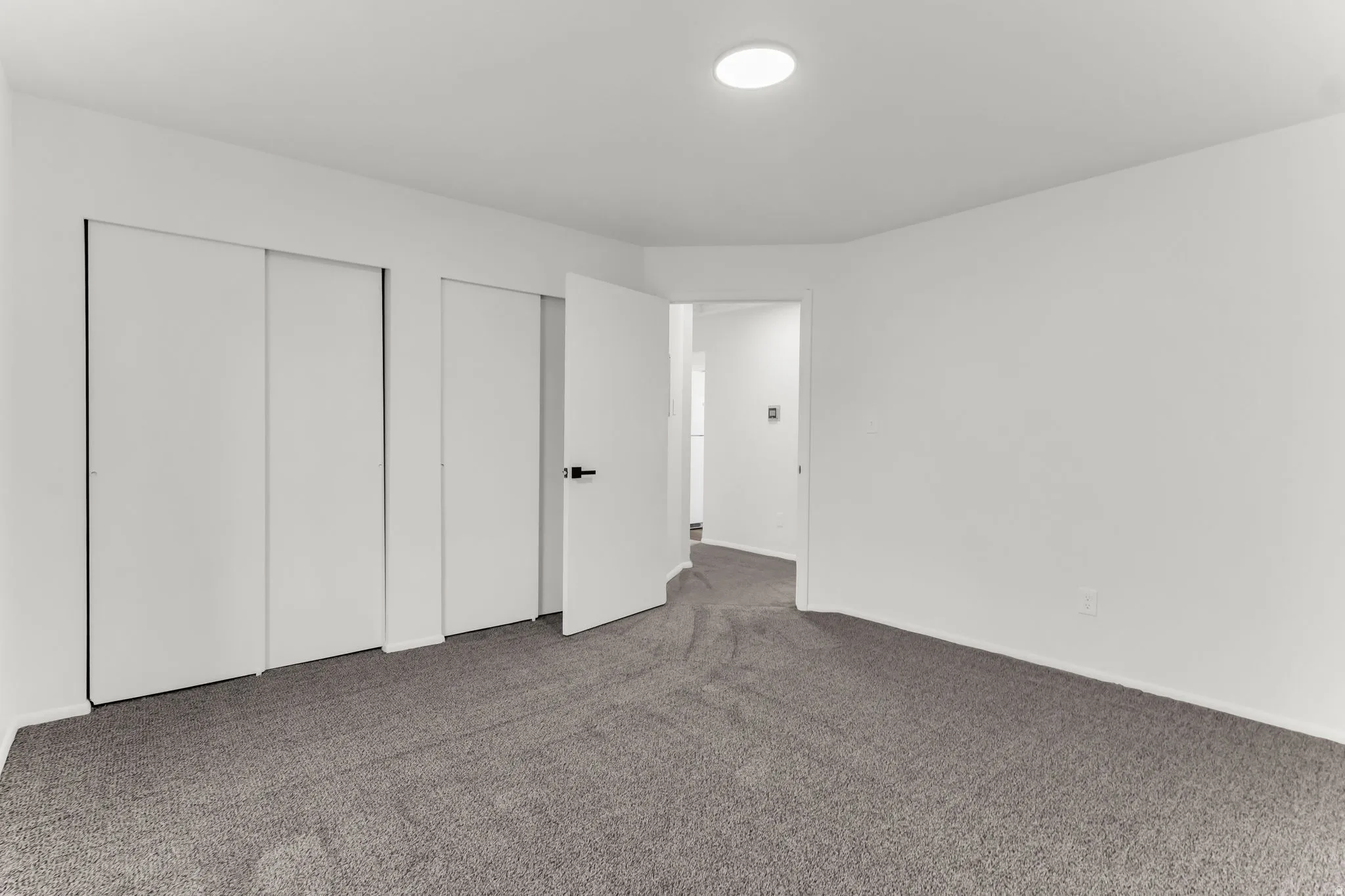 Neutral wall finishes with a flush-mount overhead light fixture, light gray carpet, and white doors with matte black hardware