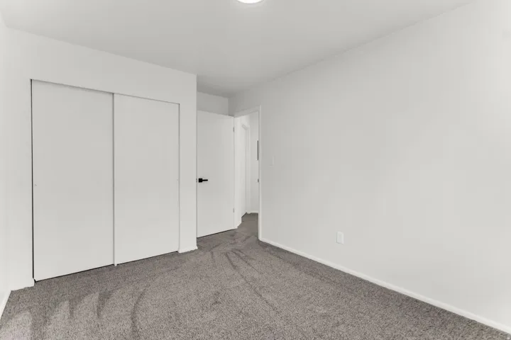 Neutral wall color, gray carpeting, white bi-fold closet doors, white interior door with black hardware, and overhead lighting