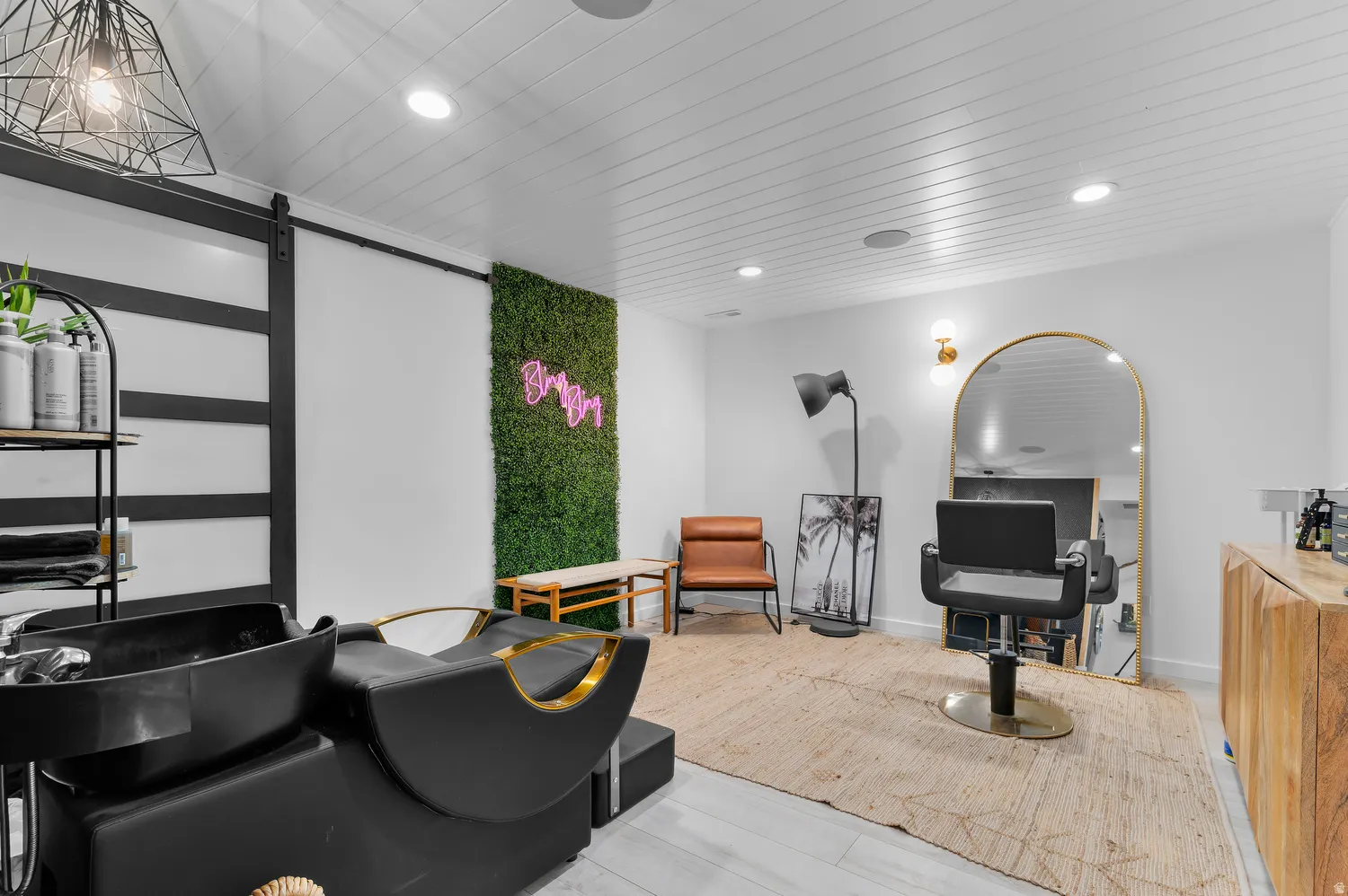 White shiplap ceiling with recessed lighting