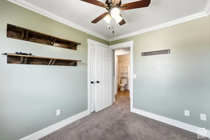 Ceiling fan with integrated lighting, crown molding, wall-mounted shelving, six-panel interior door, and carpet flooring