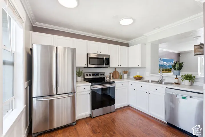 Kitchen featuring white cabinetry, stainless steel appliances, white countertops, and wood-finish flooring