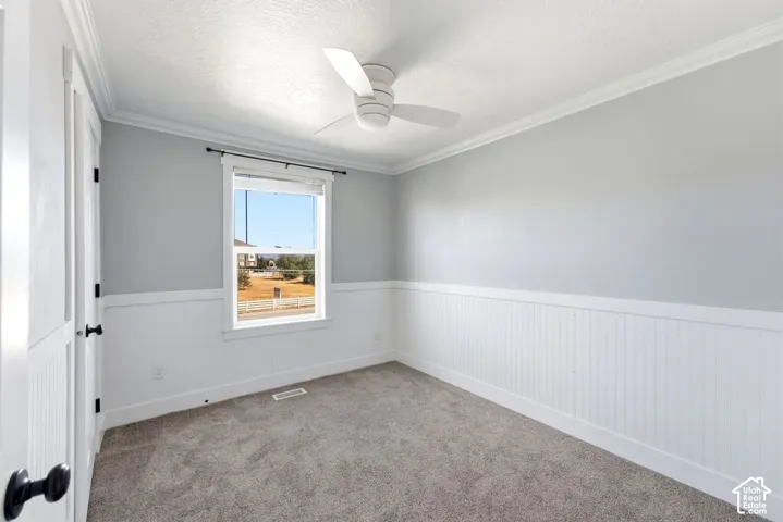 Textured carpeting, crown molding, a built-in ceiling fan, beadboard wainscoting, and a paneled door with matte black hardware