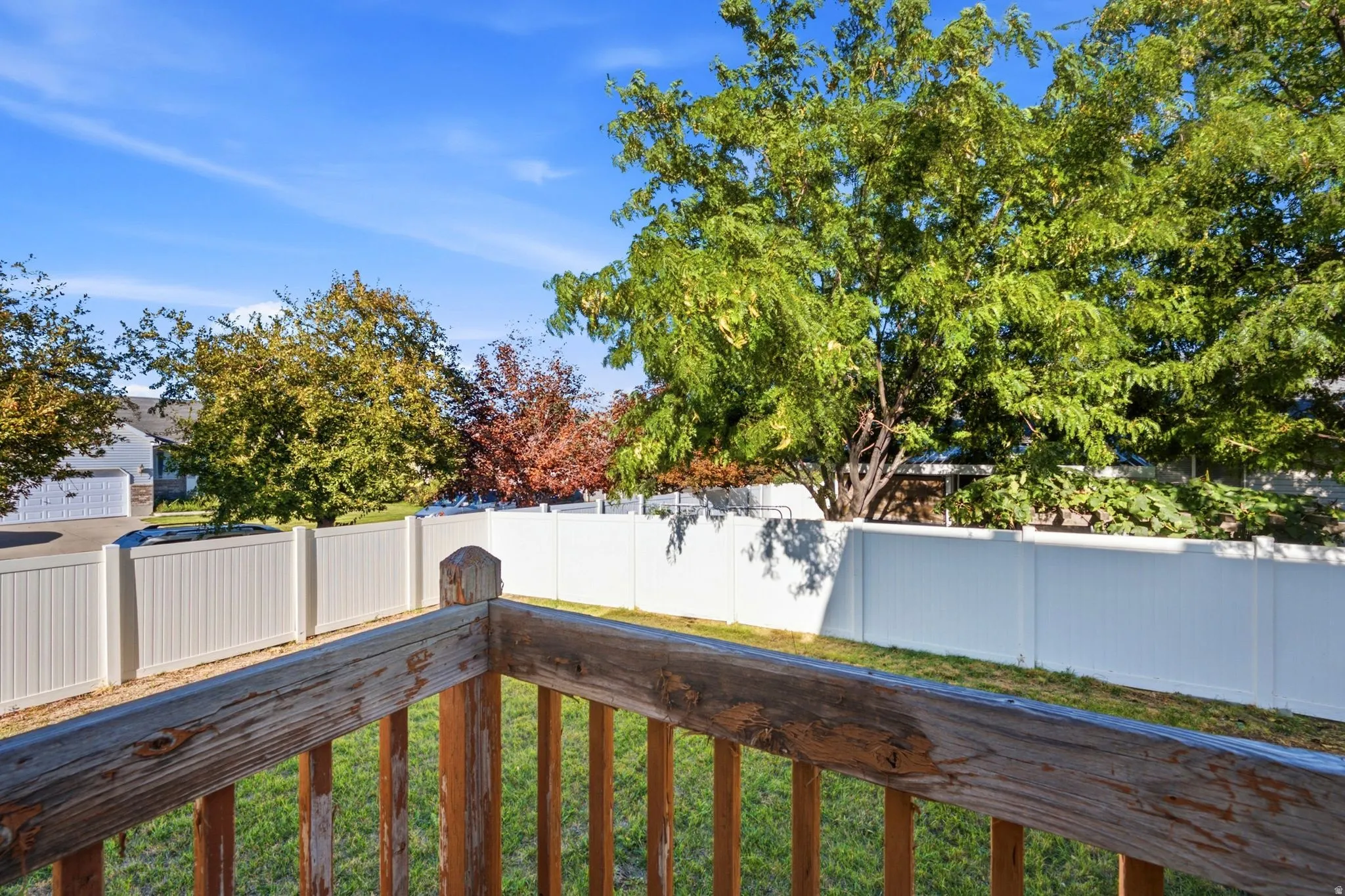 Fenced property with expansive green space and mature perimeter trees