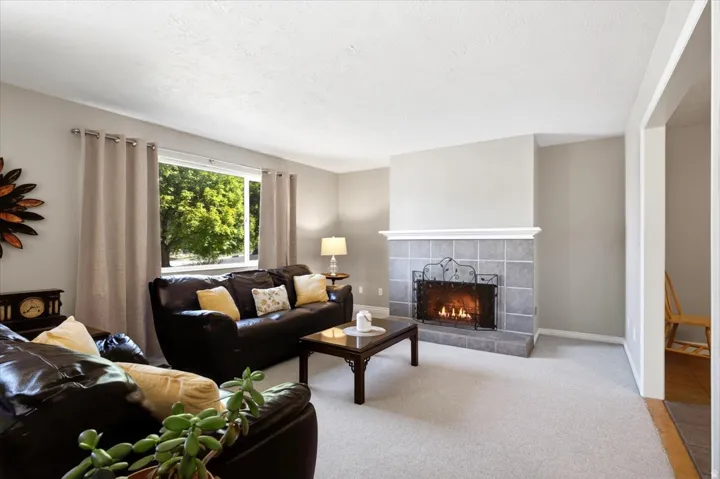 Living space featuring a tile-surround fireplace with a decorative screen, broad window, and light-toned carpeting