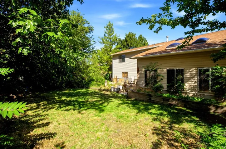 Expansive backyard featuring a grass lawn, mature trees, and a raised wooden planter box