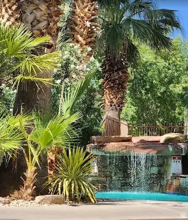 Stone-faced pool waterfall feature with integrated lighting, surrounded by diverse palm trees and lush greenery
