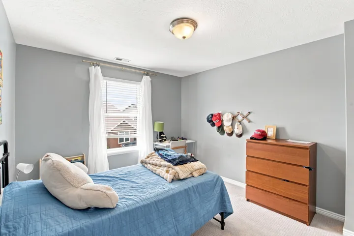 Recessed window with white blinds, neutral wall color, ceiling-mounted light fixture, and carpeted flooring