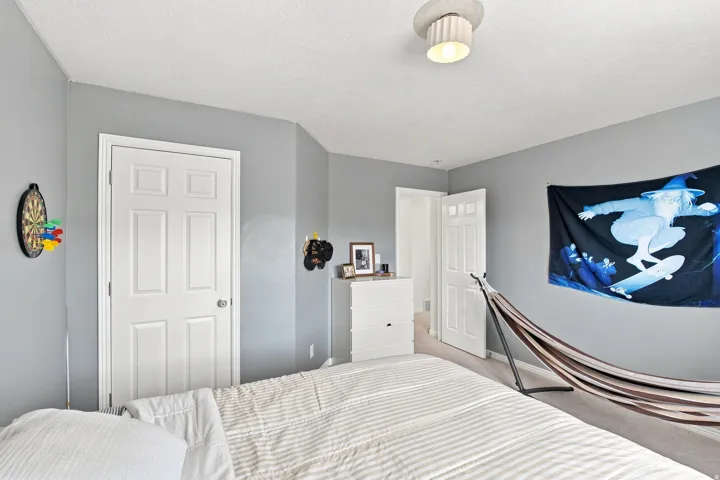 White paneled doors with chrome hardware and a flush mount ceiling light fixture