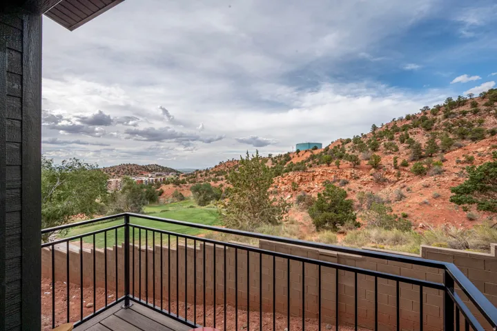 Exterior deck with wood-finish flooring and black metal railing