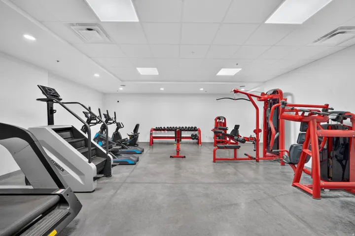 Dedicated fitness area featuring a concrete floor, recessed lighting, and a drop ceiling