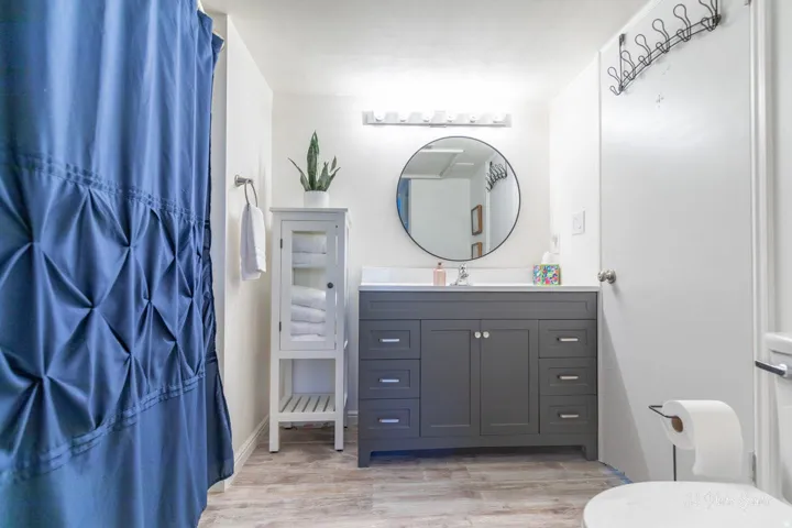 Bathroom featuring a gray vanity with a white countertop, round mirror, and wood-finish flooring