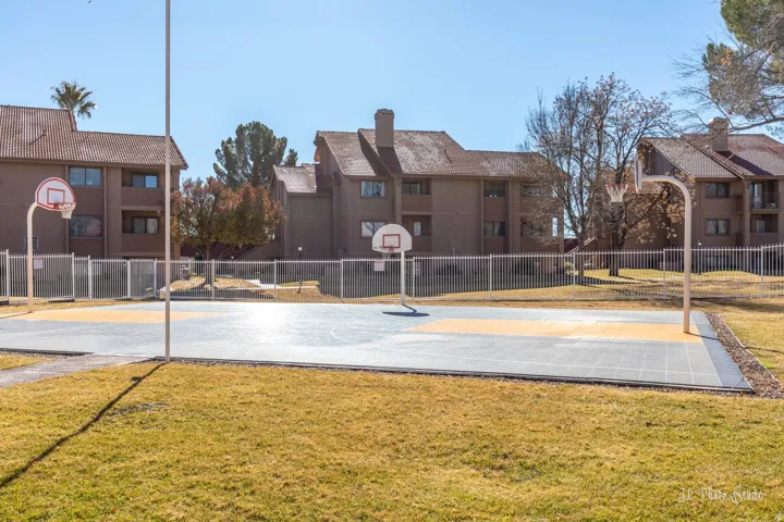 Outdoor basketball court with two hoops and surrounding lawn