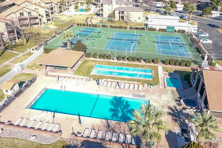 Two tennis courts, two swimming pools, two spas, and an open-air pavilion