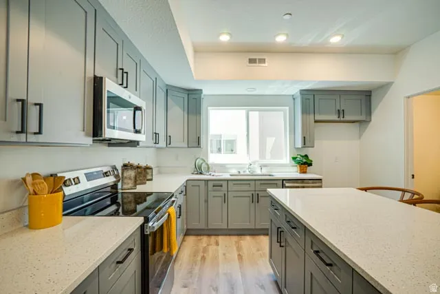 Kitchen featuring light gray cabinetry, light-toned countertops, stainless steel appliances, a center island, and wood-finish flooring