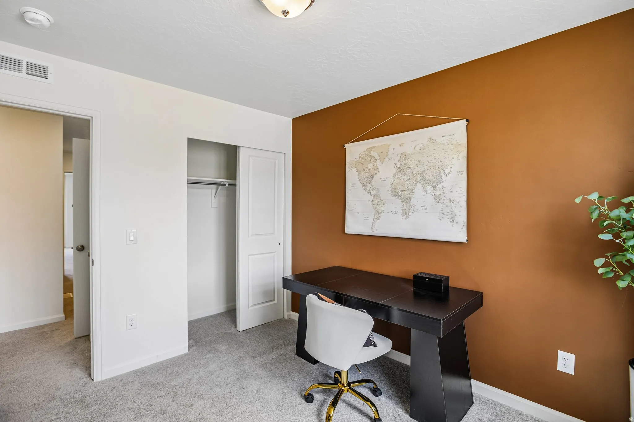 Plush gray carpeting throughout, featuring a built-in closet with bi-fold doors and a ceiling-mounted light fixture