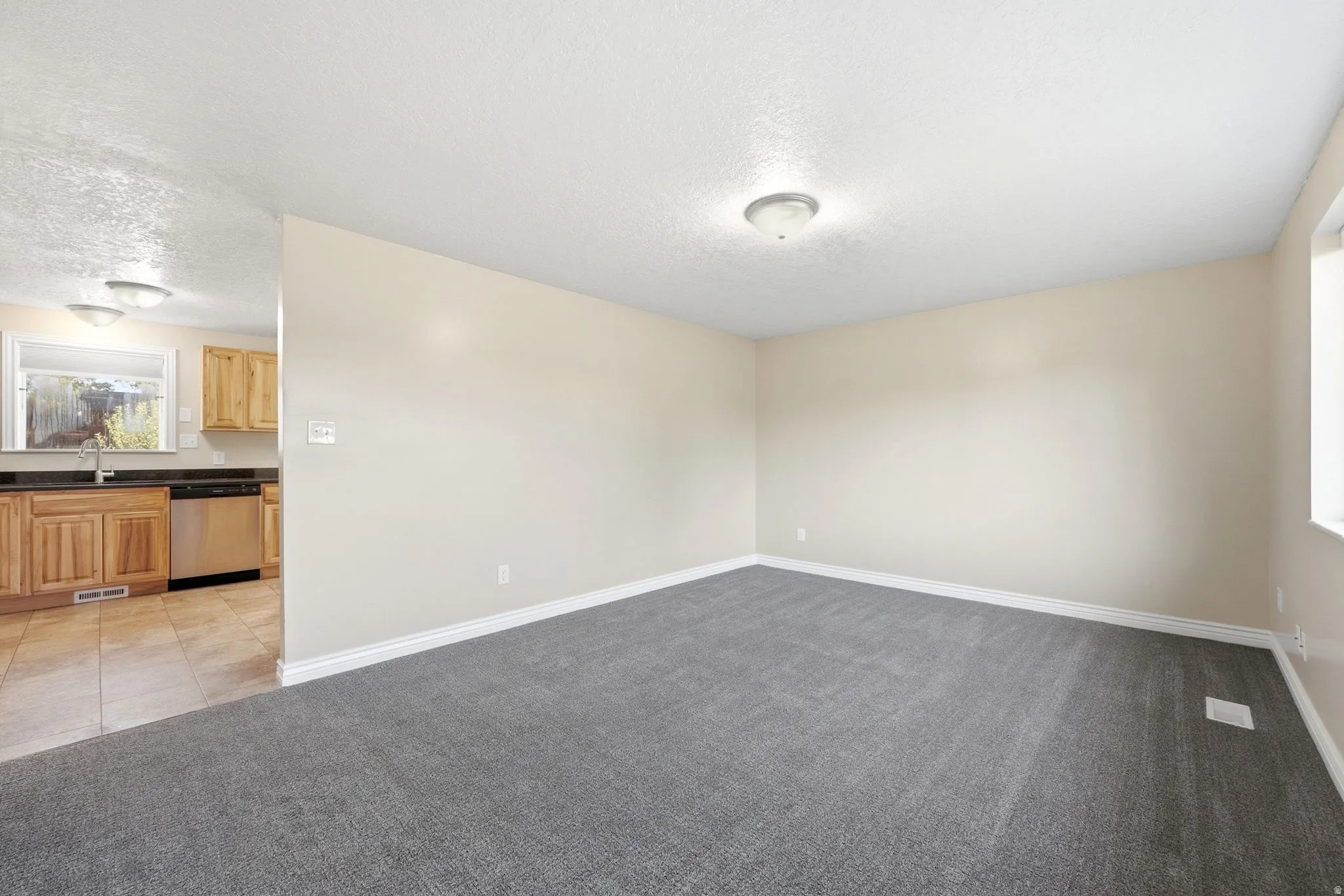 Carpeted living area featuring a ceiling-mounted light fixture