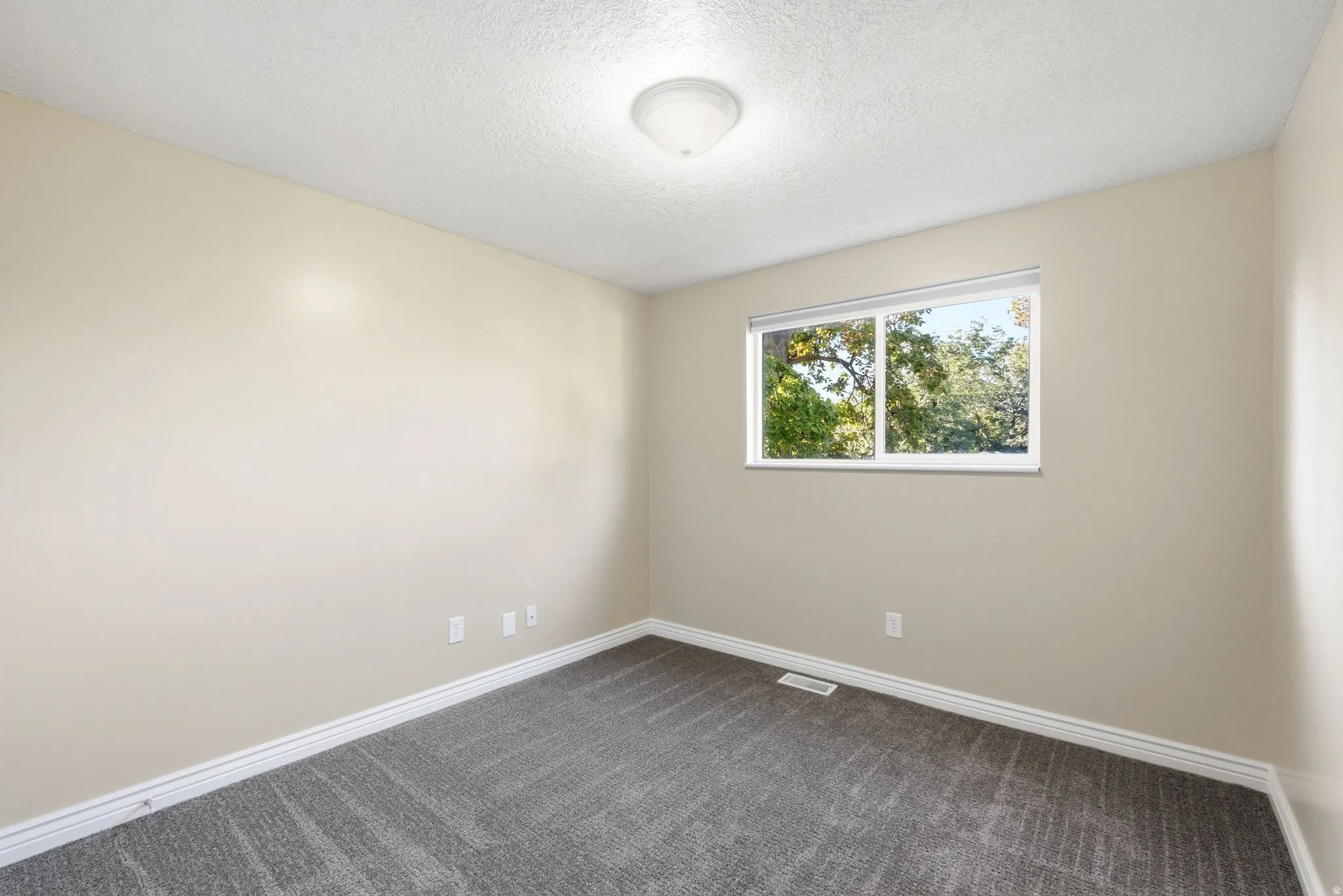 Neutral wall color, carpeted flooring, white trim, recessed window, and flush-mount ceiling light