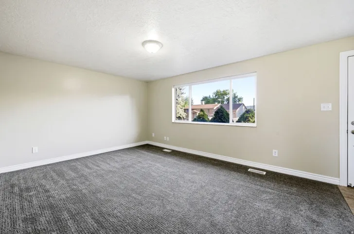 Spacious room with new carpet flooring, large window, neutral wall color, and overhead lighting