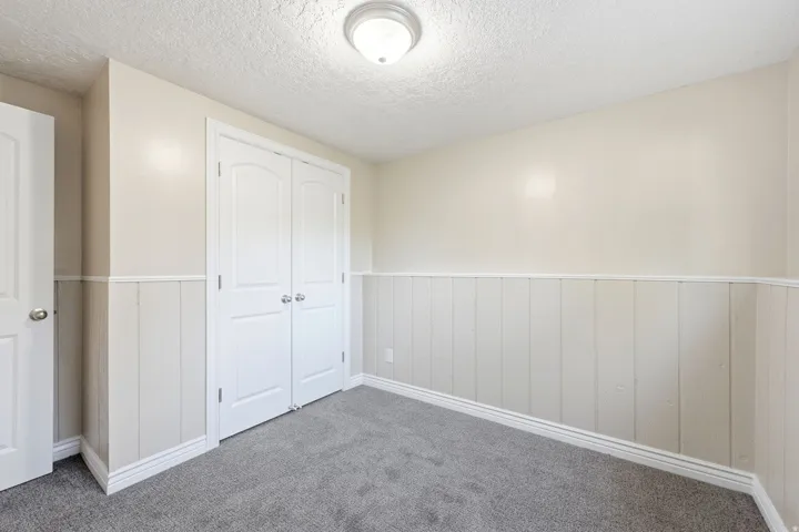 Neutral tone walls with wainscoting, grey carpeting, and a flush-mount ceiling light