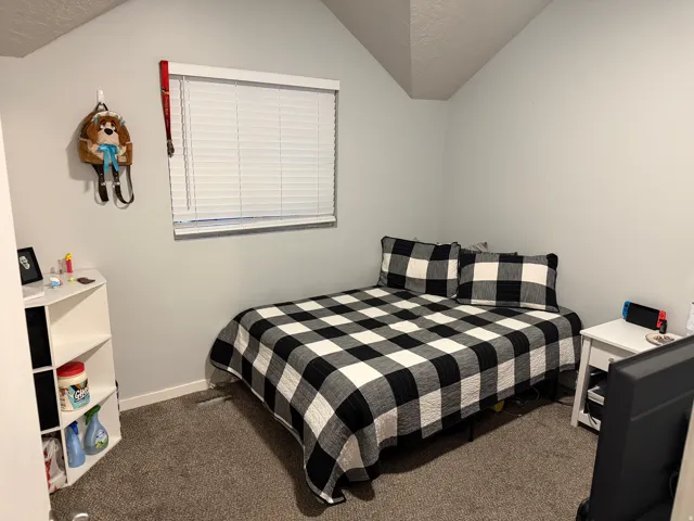 Sloped ceiling, window with blinds, light gray wall paint, and gray carpeting