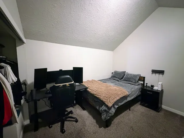 Sloped ceiling, neutral wall paint, carpeted flooring, built-in closet with sliding door