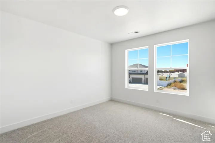 Neutral-toned carpeting, dual double-pane windows with grids, and flush-mount ceiling lighting