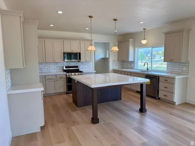 Modern kitchen featuring a large central island, light-toned cabinetry, stainless steel appliances, and wood-finish flooring