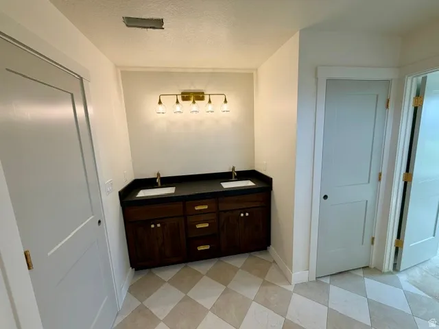 Double vanity with dark wood-finish cabinetry, dual undermount sinks, and a dark countertop