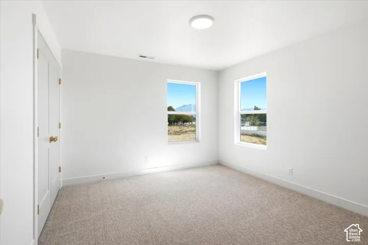 Neutral-toned interior featuring wall-to-wall carpeting, dual windows with mountain scenery, white walls, and a multi-panel closet door