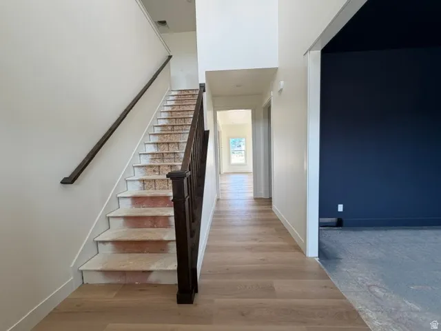 Wood-finish flooring extending from the entryway