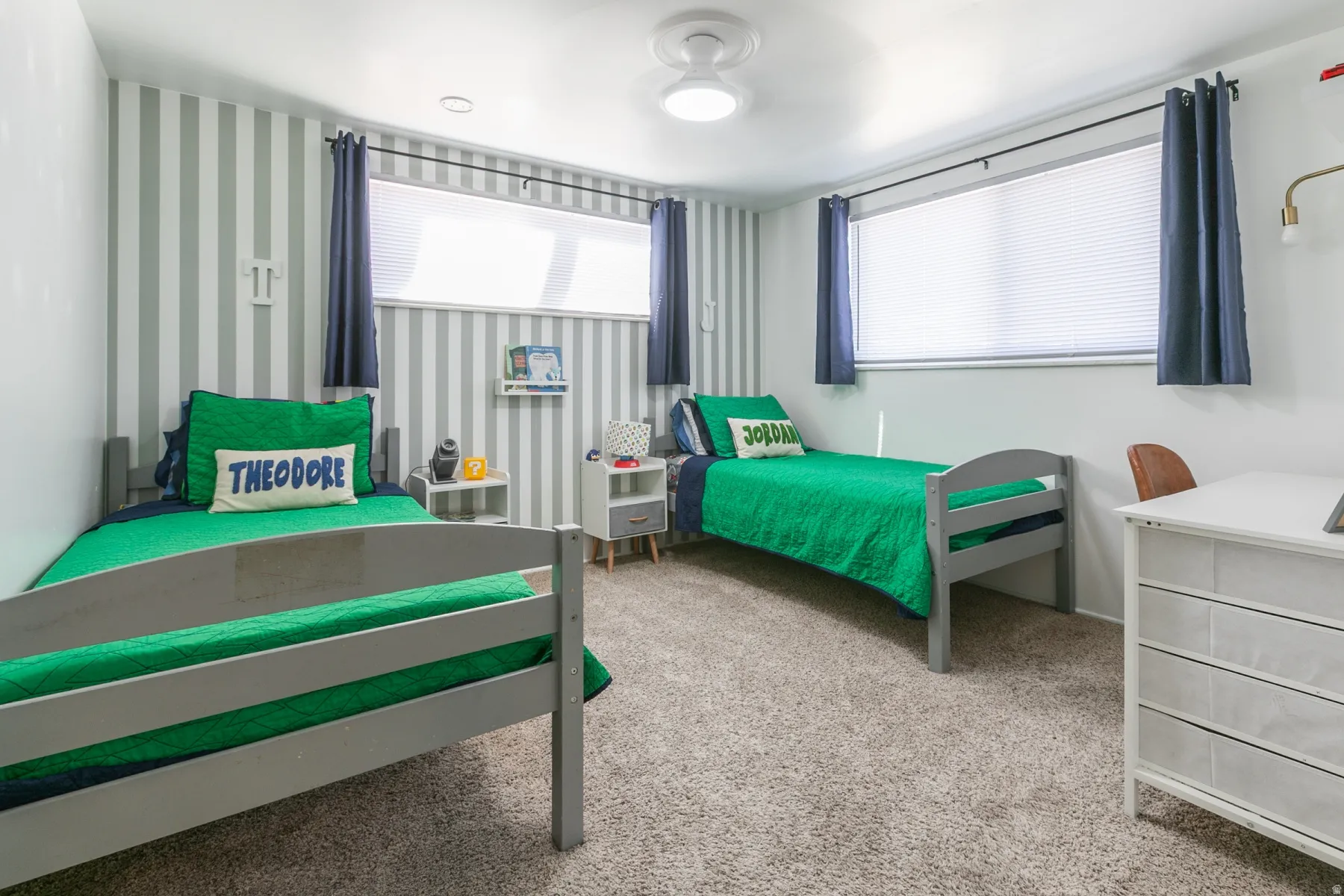 Plush carpeted flooring with a ceiling-mounted light fixture