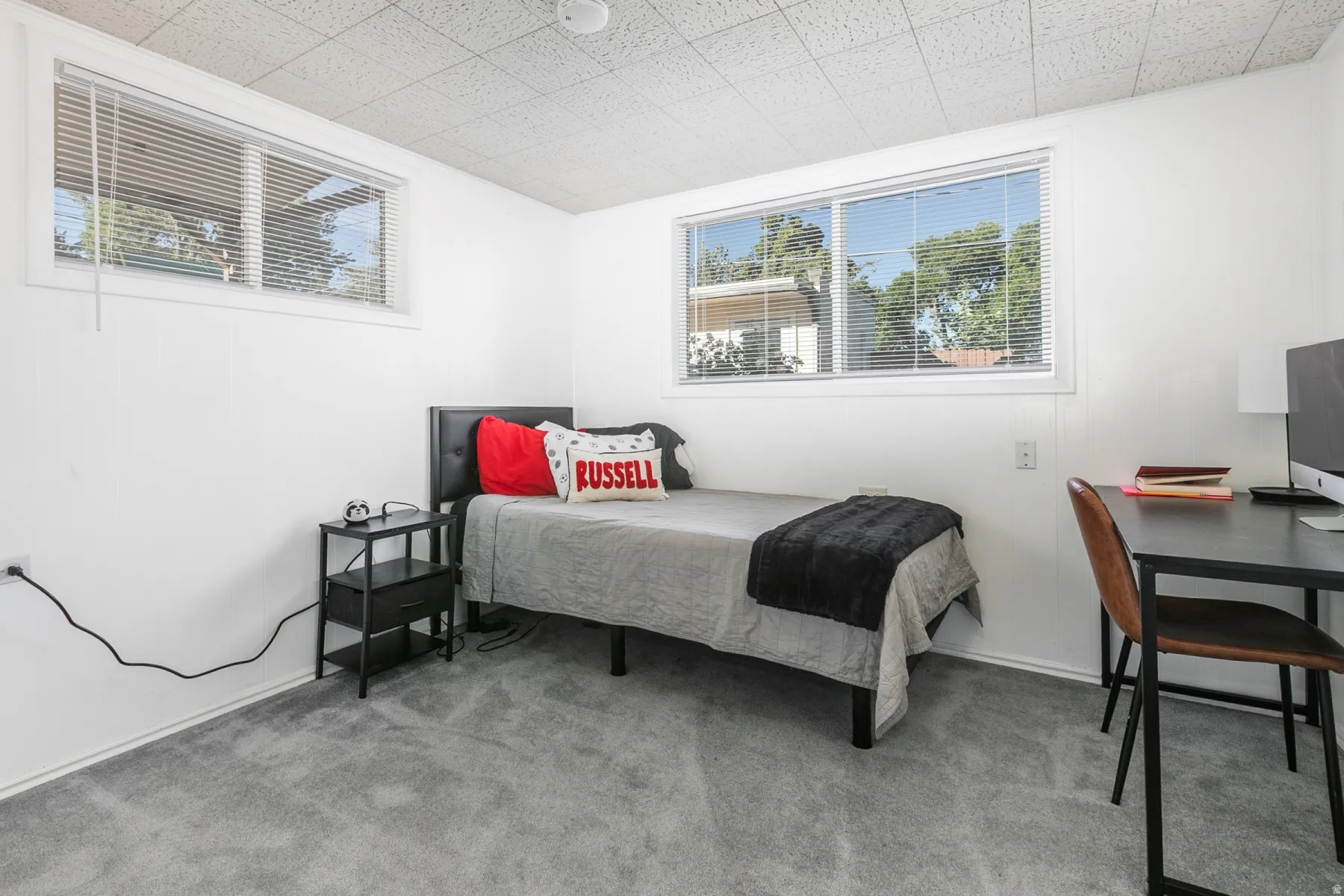 Bedroom in lower level. White painted walls, light grey carpeting, and multiple windows with blinds