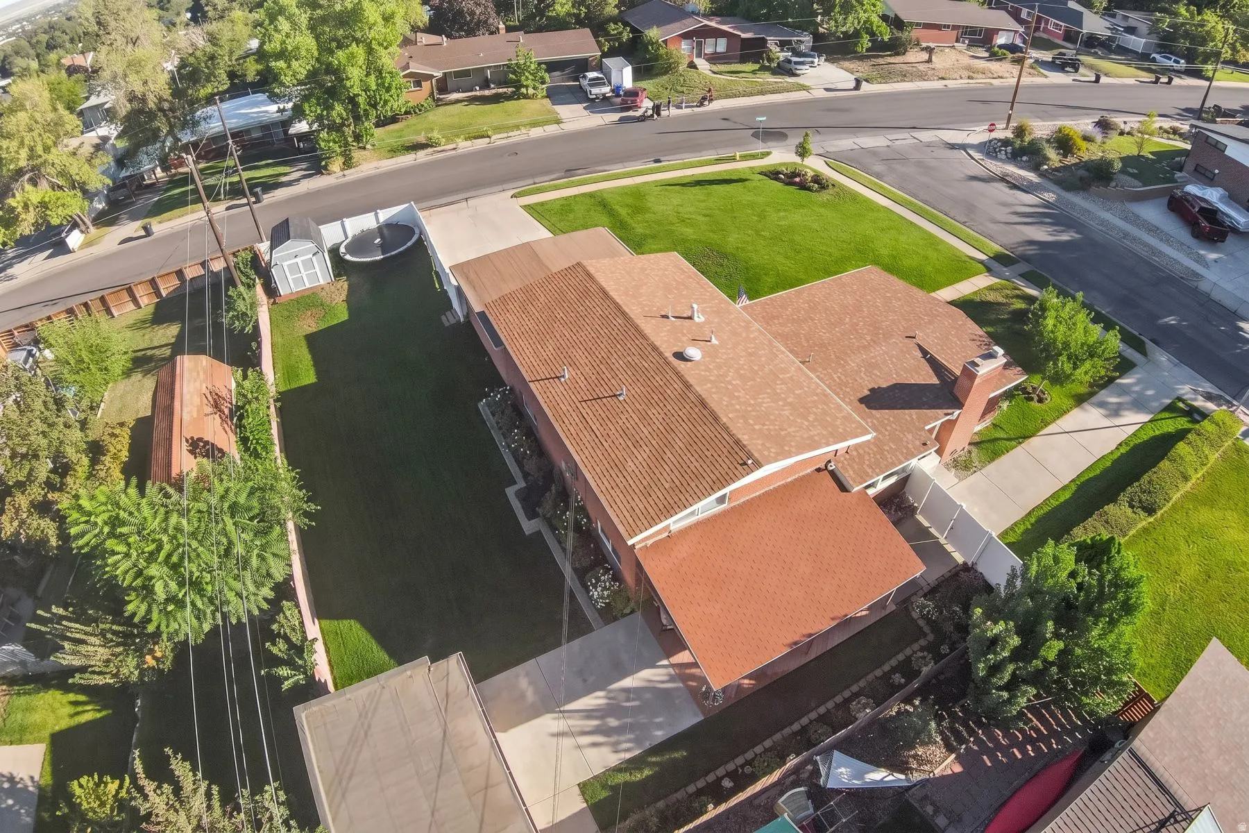 Expansive lot featuring a substantial lawn, mature trees, and a paved driveway