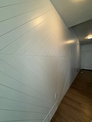 Accent wall with horizontal and diagonal paneling, wood-finish flooring, and recessed ceiling lighting
