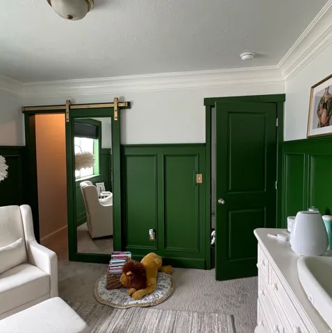Crown molding, wainscoting, carpeted flooring, and a mirrored barn door with brass hardware
