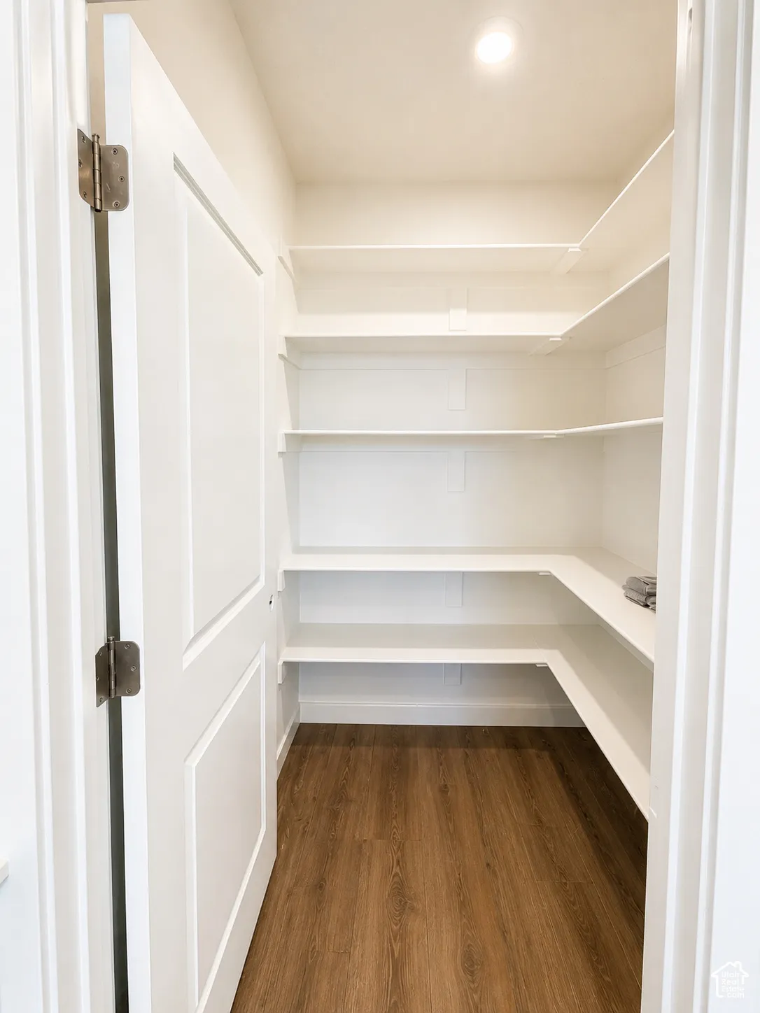 Interior pantry with L-shaped shelving, wood-finish flooring, and recessed lighting