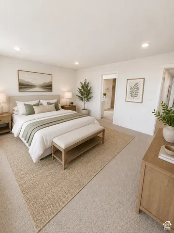 Recessed ceiling lighting, light-toned wall-to-wall carpeting, and a neutral wall color define this space